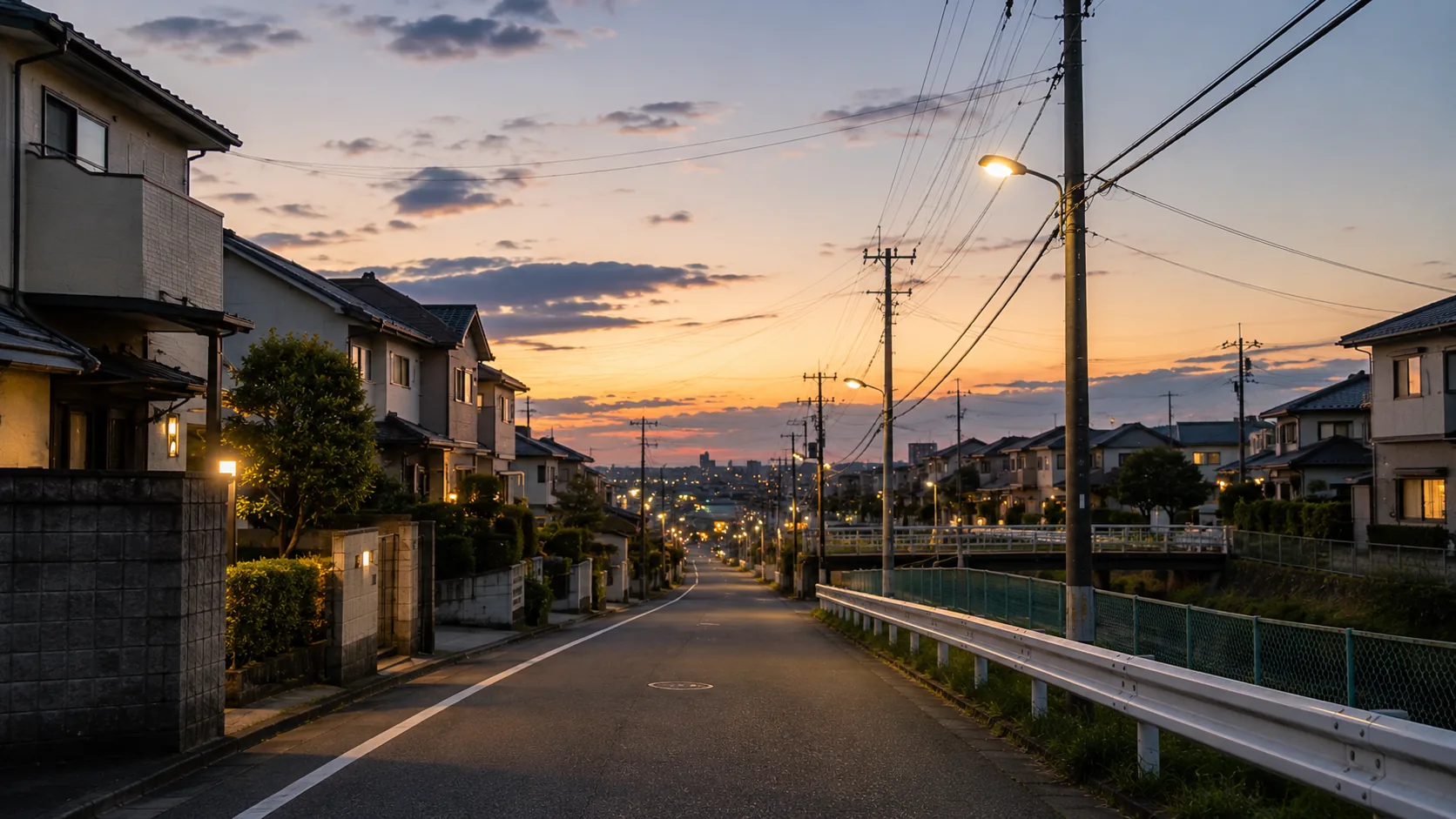 夕暮れの住宅街を、家々の灯りが点きはじめた道が奥へ続いている